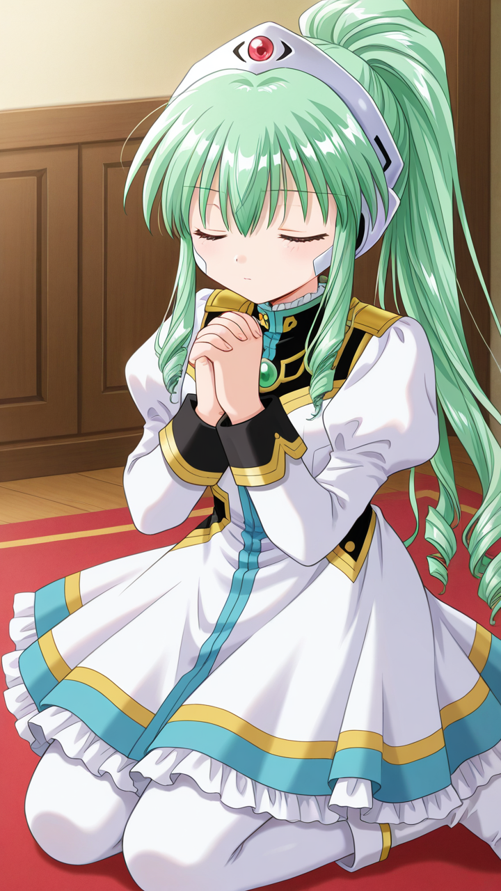 masterpiece, best quality, amazing quality, very aesthetic, absurdres, newest, anime screencap, <lora:checkpoint-e24_s720:1>, vanilla h, kanan, green hair, ponytail, drill hair, long hair, sidelocks, hair between eyes, headgear, uniform, white dress, frilled dress, frills, long sleeves, juliet sleeves, pantyhose, white pantyhose, white boots, praying, interlocked fingers, own hands clasped, own hands together, kneeling, closed eyes, solo,