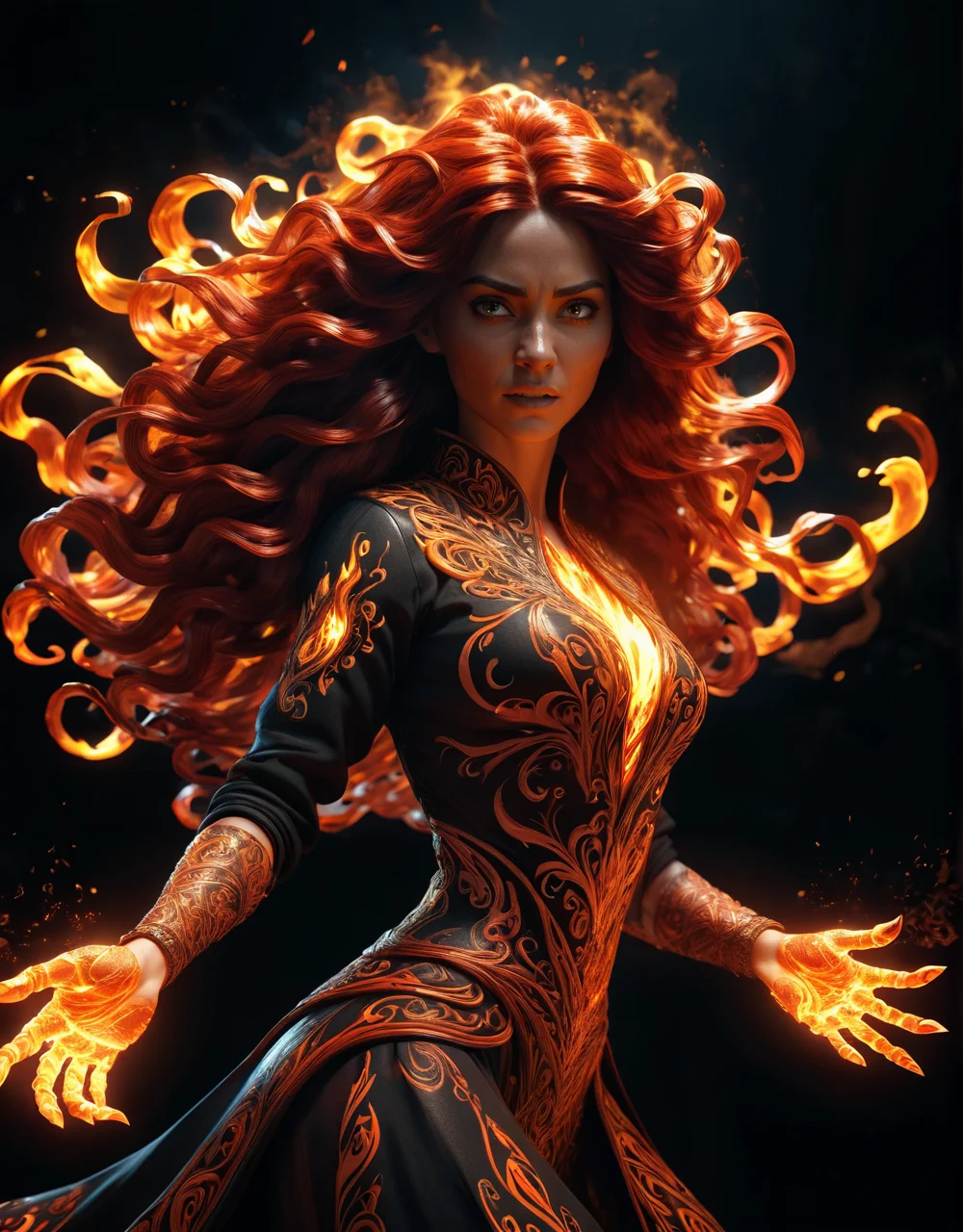 Woman with fiery hands, CGI style, intricate details, dynamic lighting, dramatic pose, dark background, traditional hand-drawn animation elements, flowing hair, glowing flames, detailed clothing, cinematic effect, high contrast