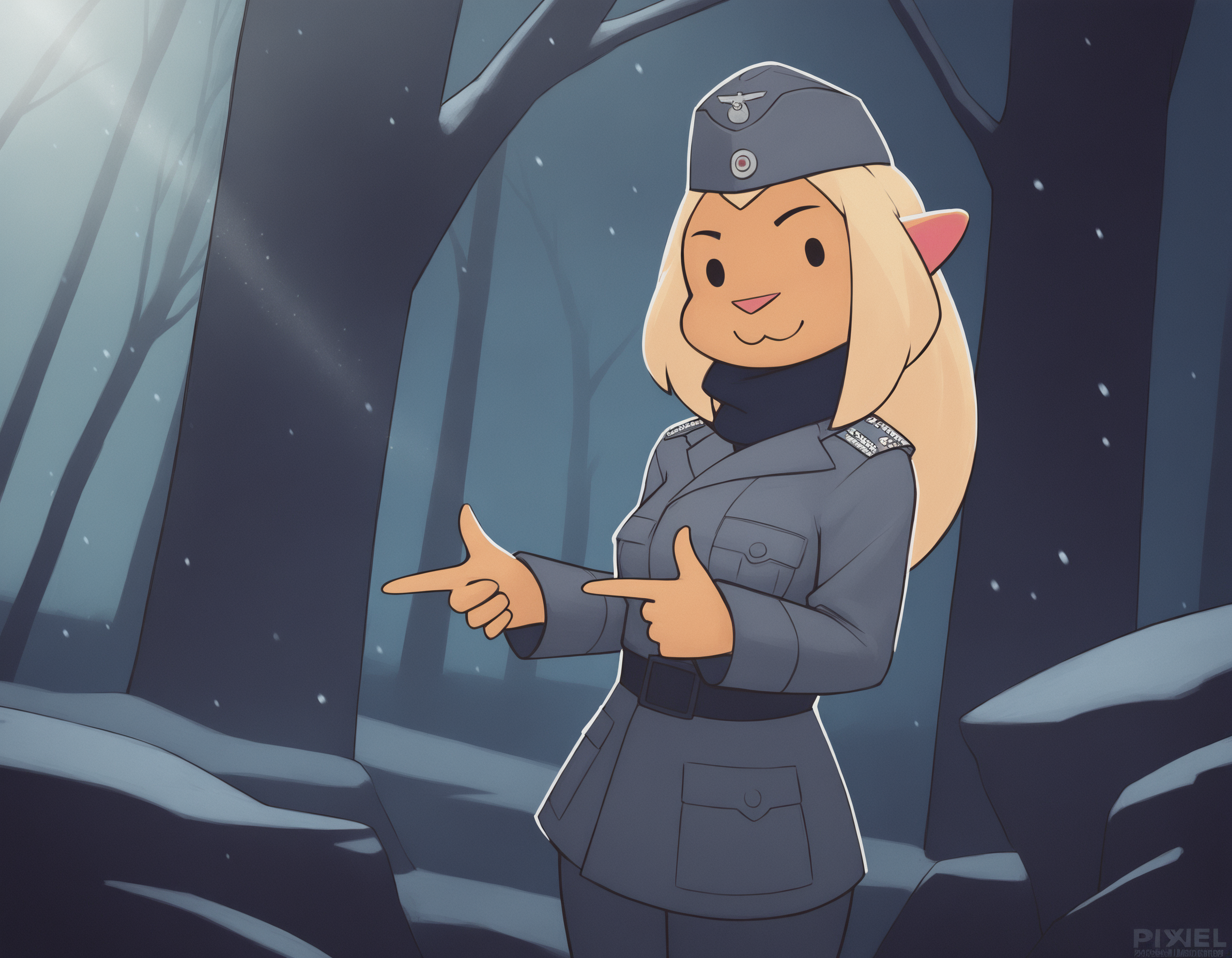 (artist: pixelsketcher:1),
masterpiece, best quality, very awa, newest, absurdres, highres, detailed background,
detailed background, outdoors, winter, day, forest, snowing, light rays, light particles,
1girl, solo, mimmisuomi,
blonde hair, long hair, sidelocks, ponytail, medium breasts,(solid circle eyes:1),
standing, cowboy shot, from side, looking at viewer, :3, grey military uniform, finnish army, garrison cap, holding weapon, double finger gun,  pointing at viewer, 
<lora:mimmi 2550 steps:1>
