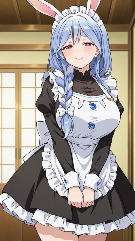 smile, solo,, masterpiece, best quality, amazing quality, very aesthetic, absurdres, newest, anime screencap, <lora:pekomamaILM:1>, pekomama, mature female, rabbit girl, rabbit-shaped pupils, short eyebrows, braided ponytail, rabbit ears, thick eyebrows, animal ear fluff, braid, red eyes,, maid, maid apron, frills, frilled dress, black dress, maid headdress, modern house,