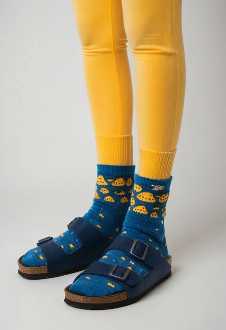 (photograph of woman's feet wearing socks and sandals and leggings), 1girl, solo, dynamic_pose, simple_background, white_background, scksnsndls, patterned blue socks, lower_body, footwear_focus, yellow leggings, birksonsocks, birkenstock