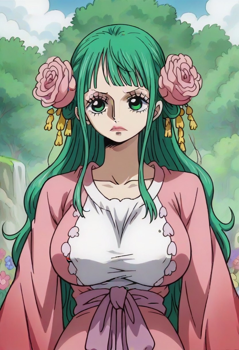 long hair, green hair, green eyes,, hiyori (one piece), flowers in hair,, ,,, ,,, , , ,,,, ,,, , ,,,,,,,, anime coloring,anime screencap, 1girl,Solo ,, anime,PUFFY nipple,huge breasts,official art,,Uncensored ,Unedited ,,,,,,,,,,,,,,,,,,,,,,,,,,