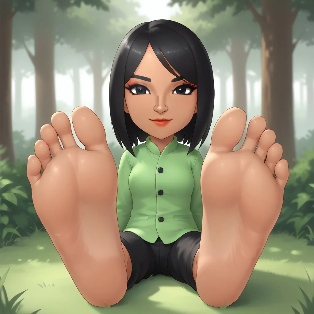 score_9, score_8_up, BREAK, (masterpiece:1.4), (best quality:1.2), solo, perfect anatomy, accurate anatomy, perfect feet, perfect soles, PONYXL_WaifuFeetPics_ownwaifu, mii, wii sports club, wii u, black hair, black eyes, red lips, lipstick, black eyeshadow, light green clothing, black pants, breasts, female mii, 1girl, cute, Shu-Hui_(\Wii_Sports_Club\), Nintendo Mii, modern_mii, classic_mii, dark skin, dark skin female, sexy pose, self portrait, smile, outdoors, sunlight, shadows, evening lighting, natural lighting, forest, trees, grass, orange sky, sunset, (((sitting, barefoot, foot focus, feet, soles)))