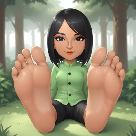 score_9, score_8_up, BREAK, (masterpiece:1.4), (best quality:1.2), solo, perfect anatomy, accurate anatomy, perfect feet, perfect soles, PONYXL_WaifuFeetPics_ownwaifu, mii, wii sports club, wii u, black hair, black eyes, red lips, lipstick, black eyeshadow, light green clothing, black pants, breasts, female mii, 1girl, cute, Shu-Hui_(\Wii_Sports_Club\), Nintendo Mii, modern_mii, classic_mii, dark skin, dark skin female, sexy pose, self portrait, smile, outdoors, sunlight, shadows, evening lighting, natural lighting, forest, trees, grass, orange sky, sunset, (((sitting, barefoot, foot focus, feet, soles)))