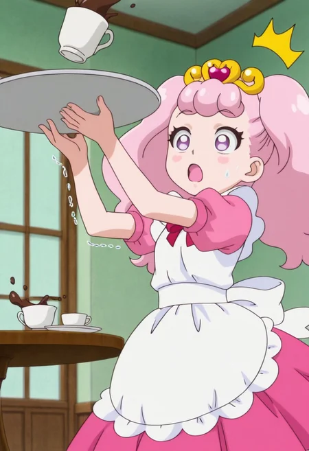 anime screencap, solo,1girl,pafu, apron, looking at cup, dress, maid, small breasts ,open mouth, mansion, holding tray, coffee cup falling, trembling tray, table, trembling hand, spilling coffee, shocked, ^^^, :o, distressed,
high definition,amazing quality,best quality,very aesthetic,masterpiece,absurdres,
