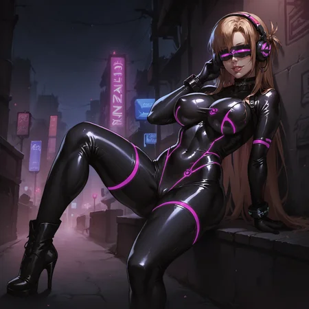 zPDXLxxx,zPDXL,score_9, score_8_up, score_7_up, source_anime, asuna \(sao\), <lora:evil-visor-ot3-1200:1> pink visor, glowing visor, headphones,city street,at night,dim light,corruption,black bodysuit,latex bodysuit, fully clothed,seductive pose,seductive smile <lora:Concept Art DarkSide Style LoRA_Pony XL v6:1> concept art, realistic, dark theme, low light,bimbo