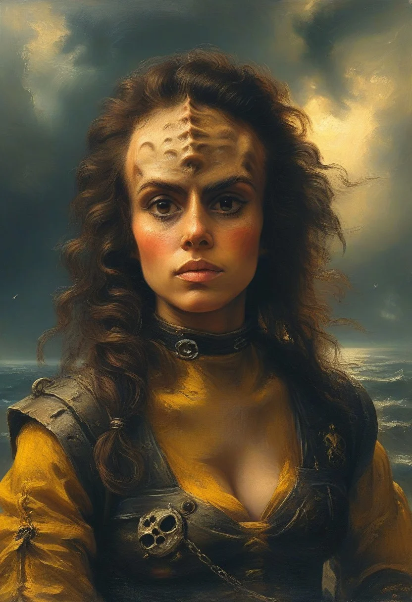 masterpiece, best quality, oil painting, illustration, style of Andreas Achenbach, portrait of a female kling0n alien pirate, forehead ridges, brown skin, nose ridges, large eyebrows