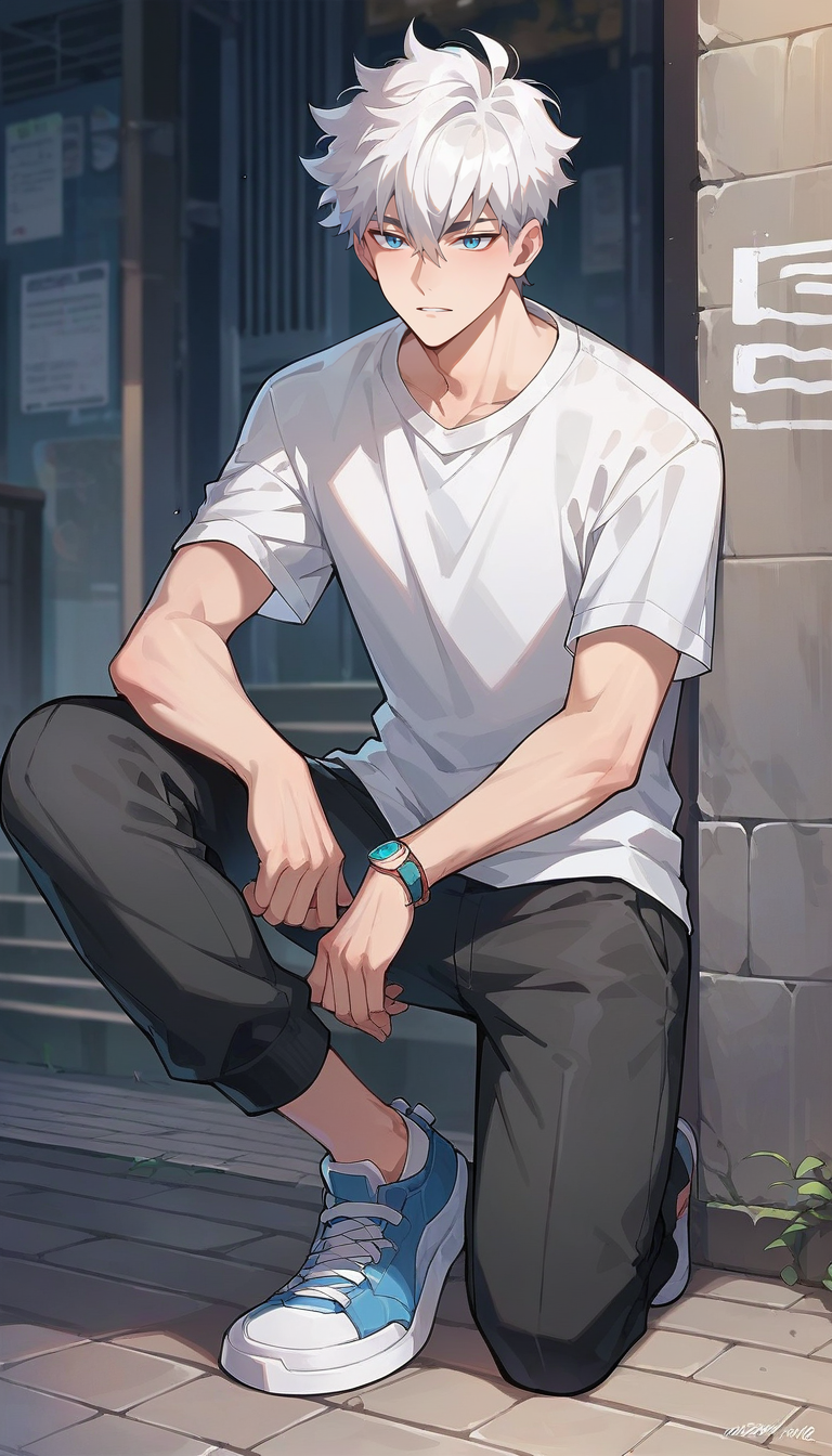 score_9,score_8_up,score_7_up,source_anime,luguang,1boy,white hair,male focus,hair between eyes,teenager,18 years old,blue eyes,,pants,full body,,kneel on one knee,<lora:Luguang:0.8>,<lora:Smooth Anime 2 Style SDXL_LoRA_Pony Diffusion V6 XL:0.8>