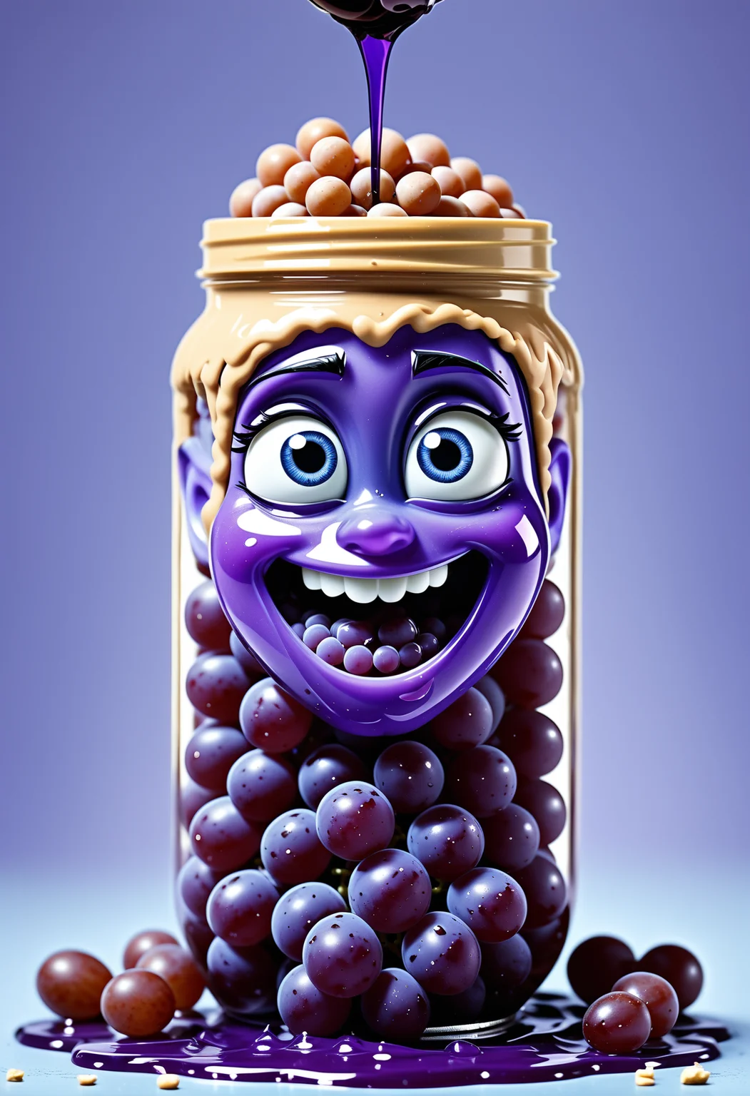Elsa made of grapes, jar of grape peanut butter, oozing purple liquid