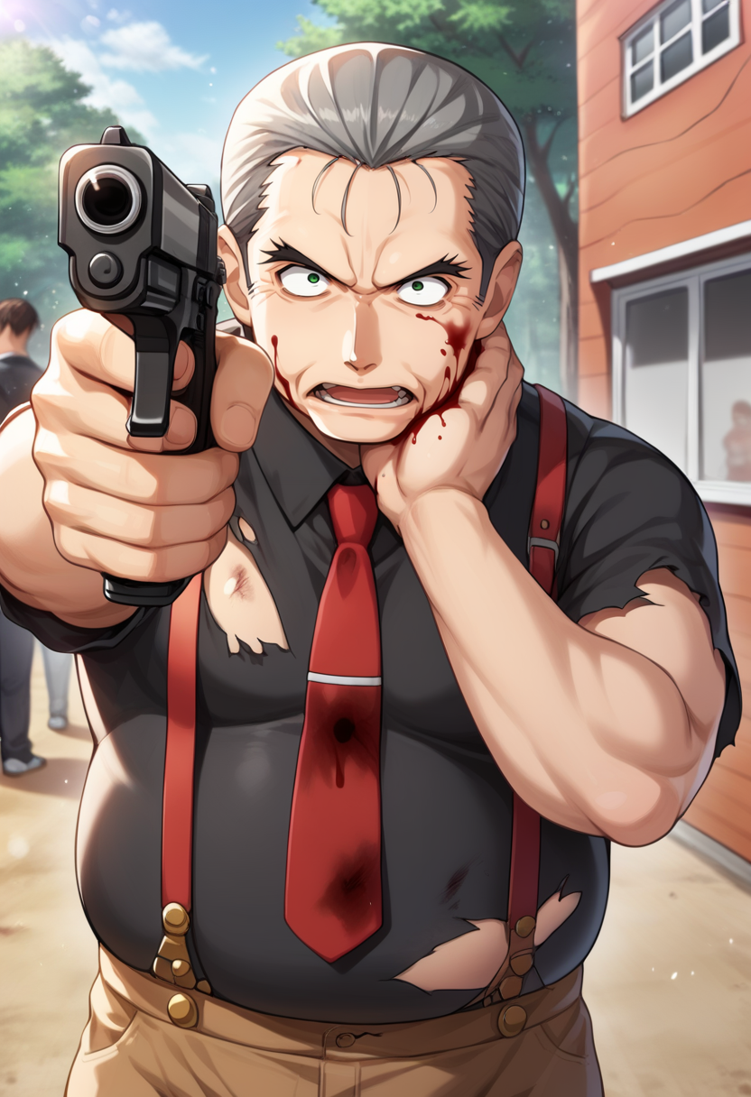 score_9, score_8_up, score_7_up, source_anime, ooishikuraudo, 1boy, solo, (old man, fat man, chubby:1.4), plump, musclegut, cinematic shot, aiming pistol against the camera, dark atmosphere holding pistol, hand on own neck, (constricted pupils, bloodshot eyes:1.3), open mouth, short hair, grey hair, hair slicked back, green eyes, outdoors, house, (torn clothes, blood splatter:1.3), black shirt, red necktie, suspenders, (brown pants:0.8), extremely detailed, 8k, best quality, amazing quality, best aesthetic, absurdres, source_anime <lora:ooishi_pony-3-30:1> <lora:Pony_Weapon_Pistol_-_By_HailoKnight:0.85>