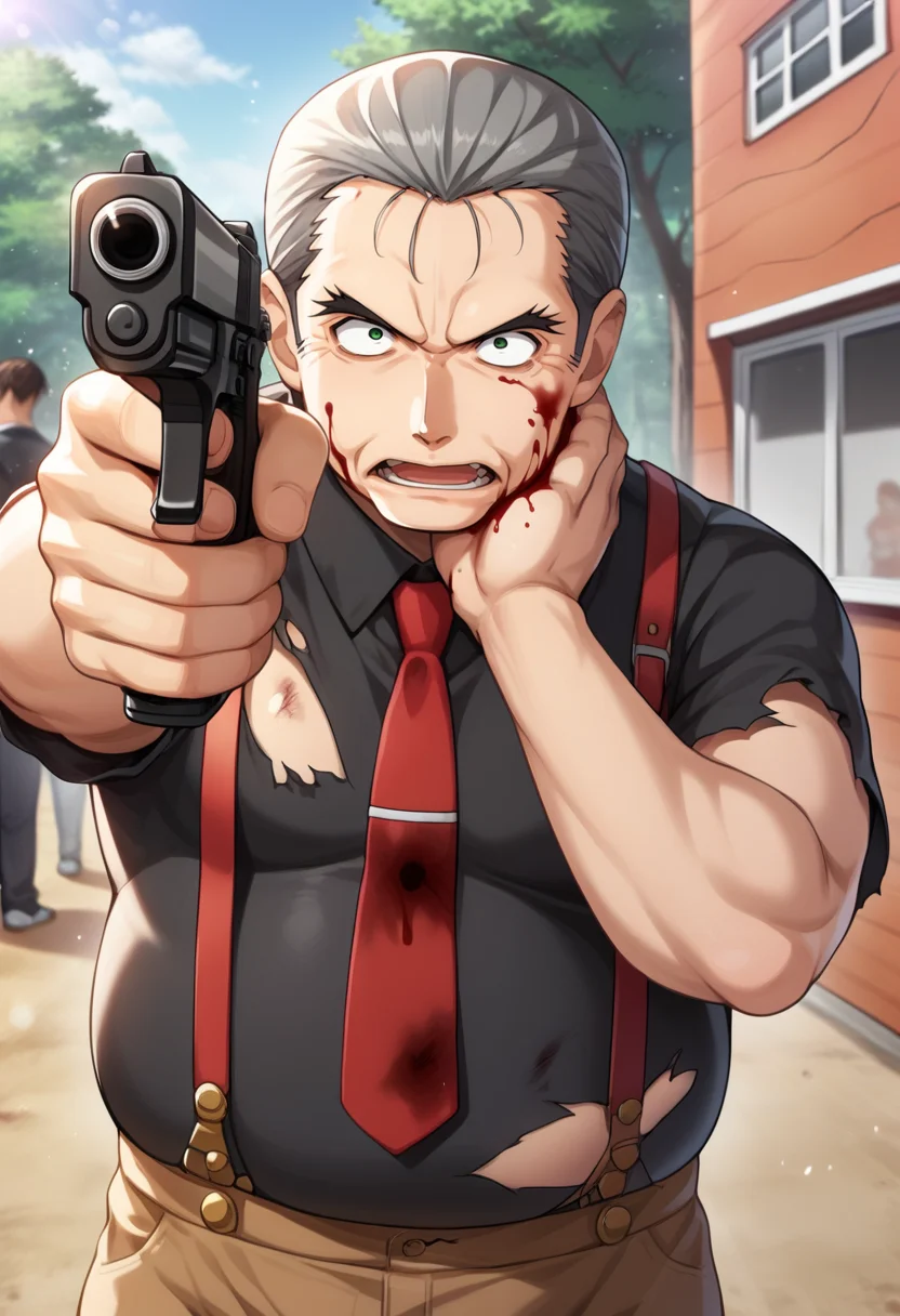 score_9, score_8_up, score_7_up, source_anime, ooishikuraudo, 1boy, solo, (old man, fat man, chubby:1.4), plump, musclegut, cinematic shot, aiming pistol against the camera, dark atmosphere holding pistol, hand on own neck, (constricted pupils, bloodshot eyes:1.3), open mouth, short hair, grey hair, hair slicked back, green eyes, outdoors, house, (torn clothes, blood splatter:1.3), black shirt, red necktie, suspenders, (brown pants:0.8), extremely detailed, 8k, best quality, amazing quality, best aesthetic, absurdres, source_anime <lora:ooishi_pony-3-30:1> <lora:Pony_Weapon_Pistol_-_By_HailoKnight:0.85>