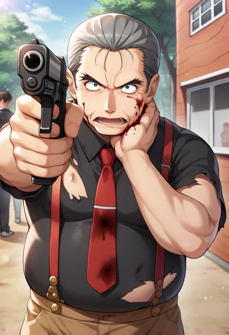 score_9, score_8_up, score_7_up, source_anime, ooishikuraudo, 1boy, solo, (old man, fat man, chubby:1.4), plump, musclegut, cinematic shot, aiming pistol against the camera, dark atmosphere holding pistol, hand on own neck, (constricted pupils, bloodshot eyes:1.3), open mouth, short hair, grey hair, hair slicked back, green eyes, outdoors, house, (torn clothes, blood splatter:1.3), black shirt, red necktie, suspenders, (brown pants:0.8), extremely detailed, 8k, best quality, amazing quality, best aesthetic, absurdres, source_anime <lora:ooishi_pony-3-30:1> <lora:Pony_Weapon_Pistol_-_By_HailoKnight:0.85>