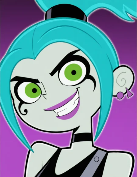 <lora:Ember_McLainIllustrious1.0JLFO:1> emberm, 1girl, blue hair, earrings, jewelry, ponytail, makeup, green eyes, solo, smile, lipstick, colored skin, choker, looking at viewer, upper body, portrait, grin, masterpiece, best quality, amazing quality, very aesthetic, absurdres, simple background,
