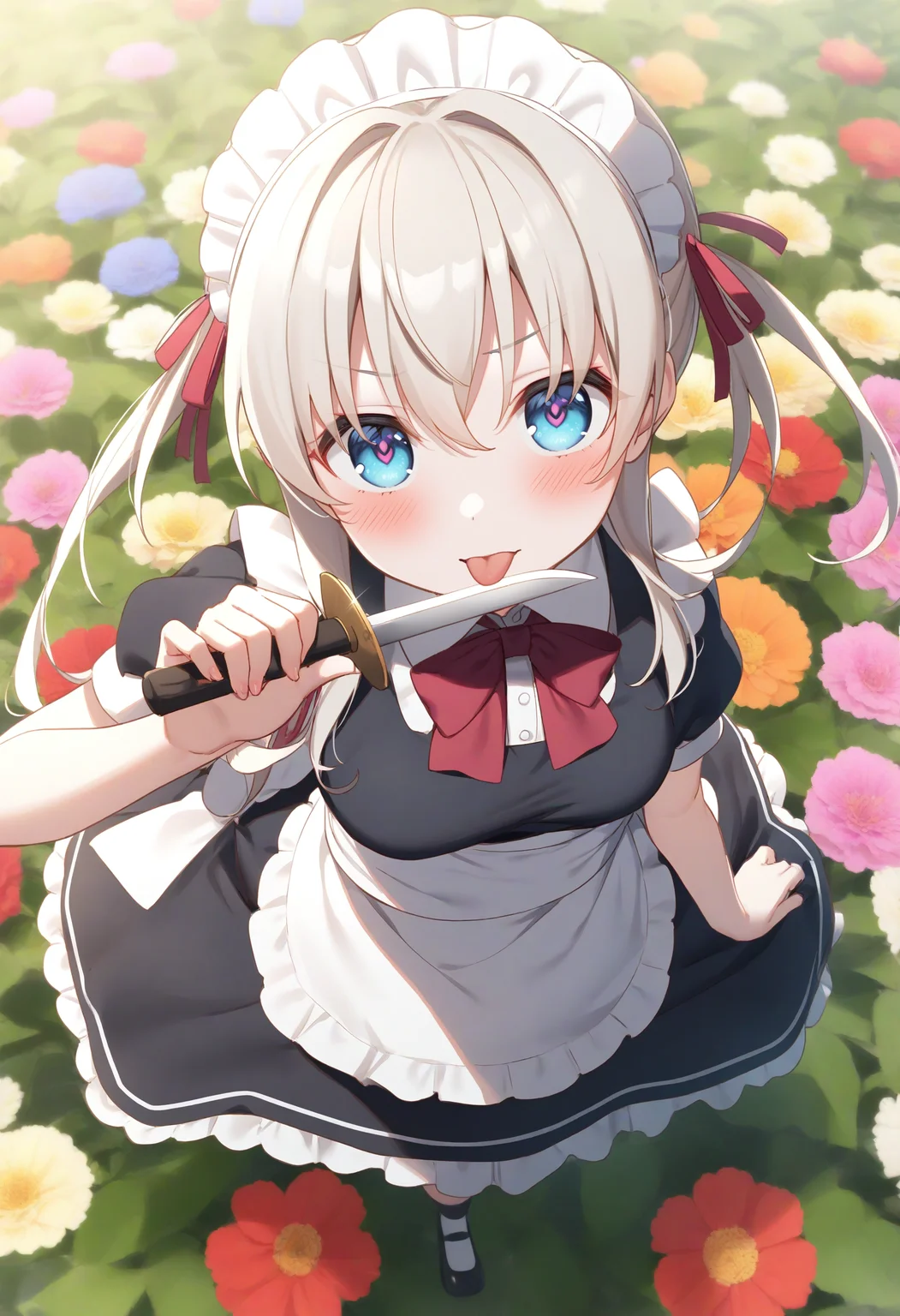 1girl,sincos, ningen mame, toosaka asagi,solo,medium breasts,20yo,maid,maid headdress,
licking knife, <lora:lickingknife_XL_v1:0.8>
tongue out, licking knife, sword, holding weapon, licking weapon,
from above, full body, looking up, white hair, pink eyes,full face blush, flower garden, closed mouth, quad tails hair,,
best quality, very aesthetic, absurdres