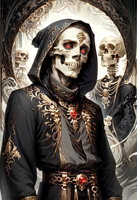 8k, score_9, score_8_up, score_7_up, Art Noveau, masterpiece, 1man (skeleton), (skull face), empty eye sockets, glowing red eyes, grey skin,
intricate black robe, intricate gold sash, black pants, black hood, gold trim, black capelet, high collar, no ears, long sleeves, long intricate gloves, emerald amulet. bracers,