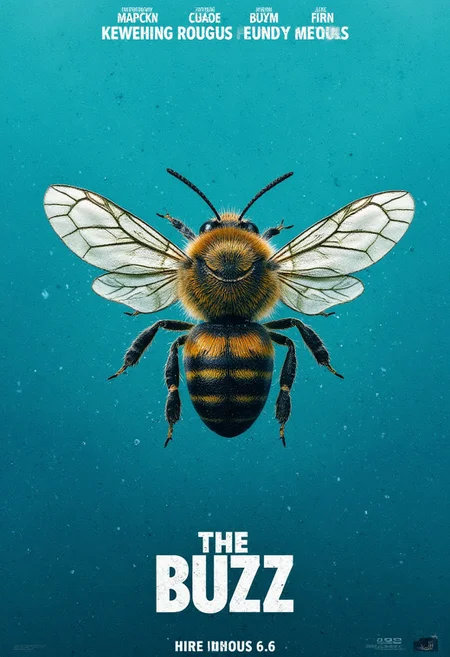 Movie Poster of a giant bee in clear blue water shot from above. The name of the movie is "The Buzz". Parody of The Meg. MV144