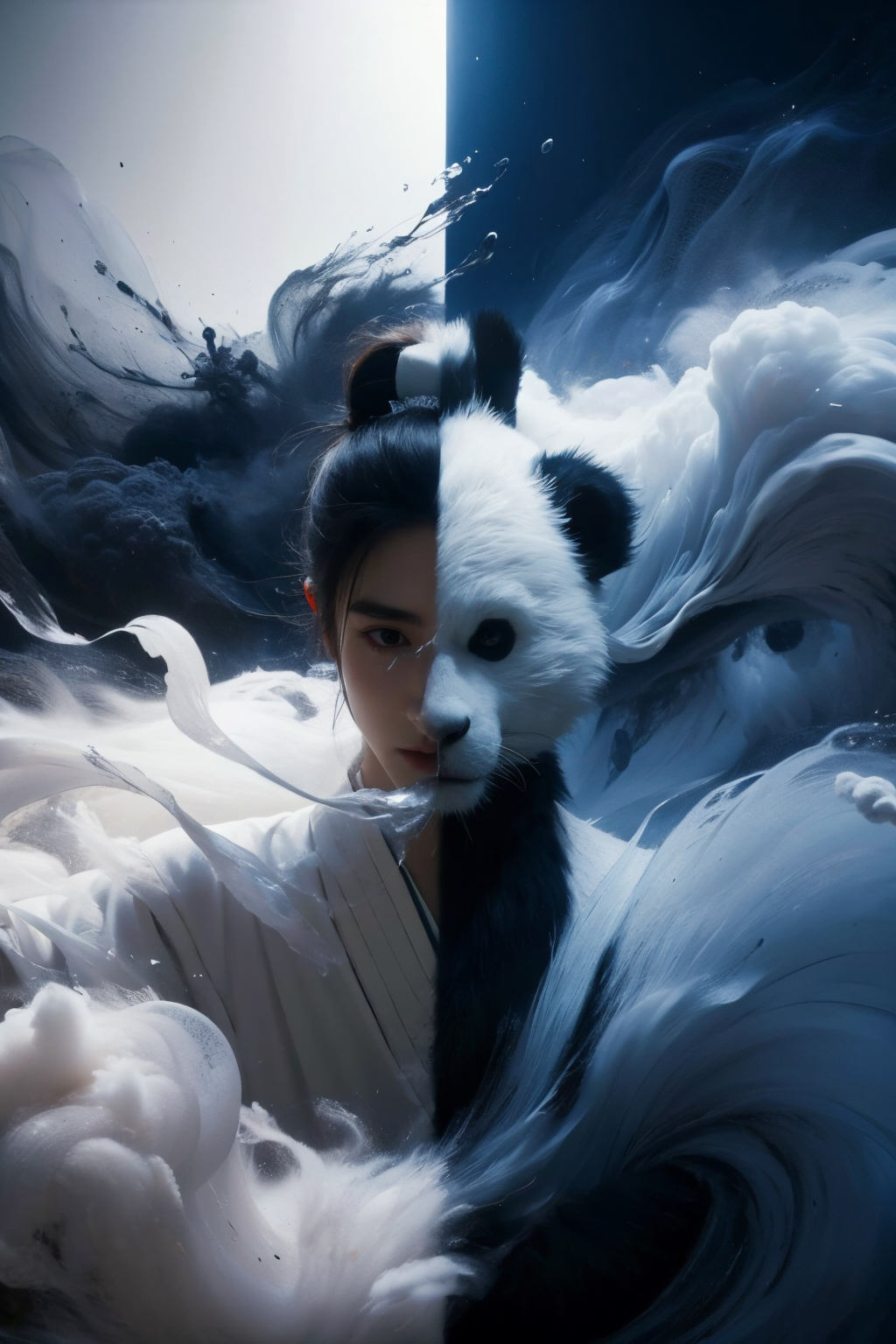 masterpiece,best quality,(photorealistic:1.4)
1panda,
wabstyle,glowing,two-tone hair,(fog,:1.2)  (mist:1.2),smoke,
cowboy shot,
cinematic angle,fisheye,motion blur,
<lora:wabstyle:0.95>,