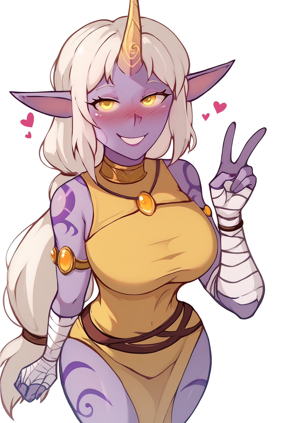 score_9, score_8_up, score_7_up, score_6_up, BREAK, SorakaLoLXLv2, purple skin, colored skin, purple body, white hair, long hair, low-tied long hair, sidelocks, yellow eyes, pointy ears, single horn, tattoo, large breasts, bare shoulder, yellow jewel, red cropped torso, yellow dress, armlet, bandaged arms, belt, bandaged legs, solo, standing, above view, peace sign, floating hearts, looking at viewer, seductive smile, naughty face, nose blush, white background, simple background <lora:SorakaLoLXLv2:0.9>, DeanArt6StylePXL  <lora:DeanArt6StylePXL:1>