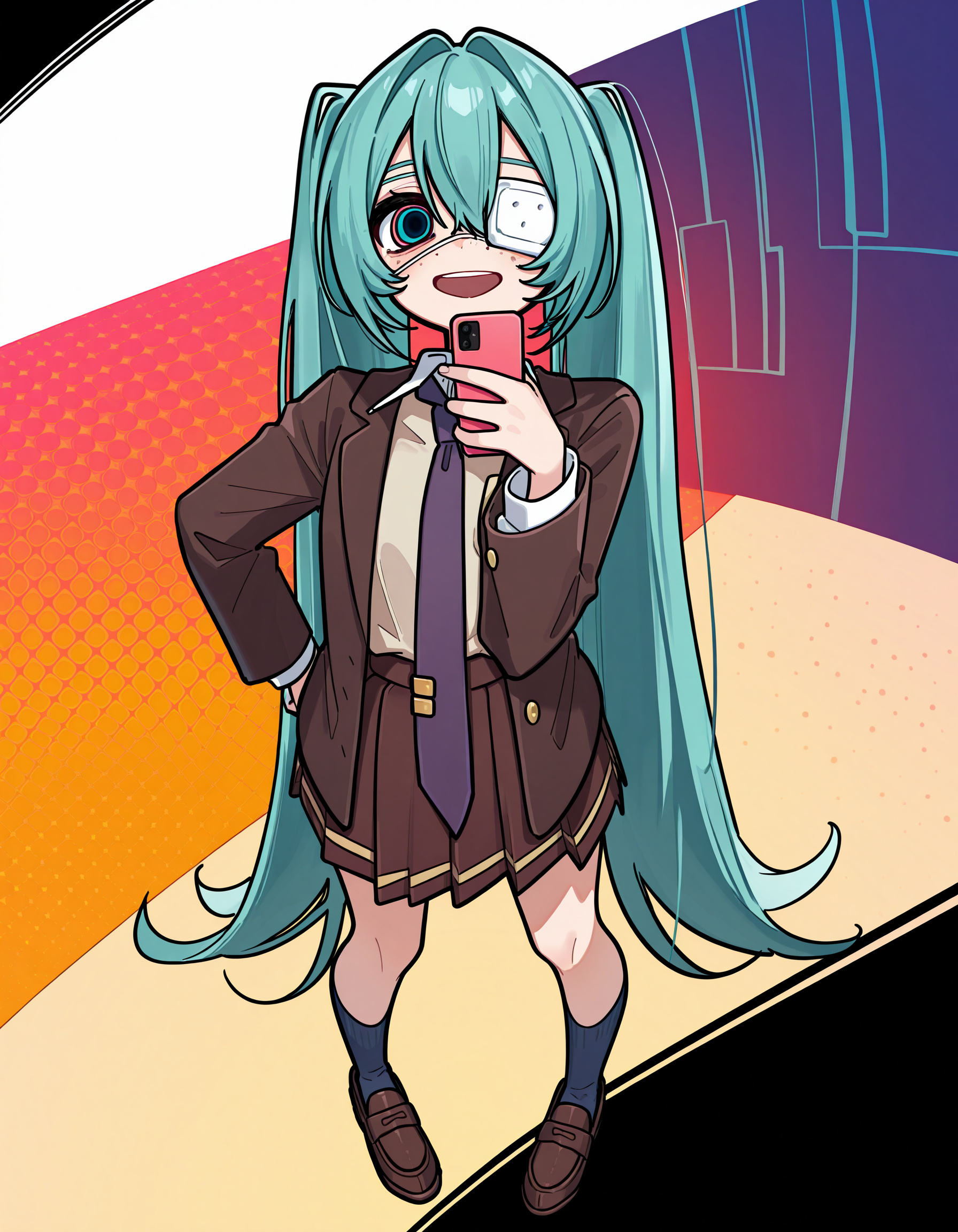 1girl, hatsune miku, hmmonitoring, very long hair, twintails, bangs, hair between eyes, medical eyepatch, freckles, school uniform, collared shirt, necktie, jacket, open jacket, long sleeves, pleated skirt, loafers, socks, 
holding phone, hands on hips, hand up, standing, from above, fisheye, simple white background, patterned background, abstract background, open mouth, :d, upper teeth,
rating safe, eitmksg, 
masterpiece, best quality, amazing quality, highres, newest,  <lora:eitmksg:1.0> <lora:mikumonitoring_dyn095_rank16:1.0>