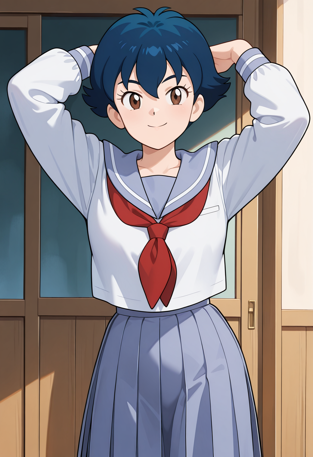 masterpiece, best quality, very aesthetic, absurdres, 1girl, solo,
<lora:shimaya_hazuki_v01:0.8>, shimaya_hazuki, hazuki_school, blue hair, short hair, brown eyes, hair between eyes,
school uniform, serafuku, blue sailor collar, red neckerchief, long skirt, plated skirt, smile, posing, upper body