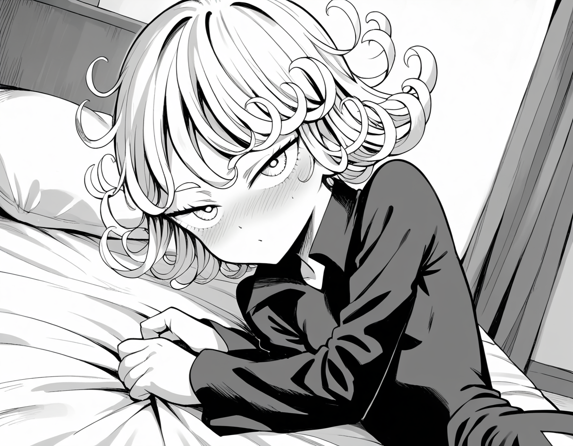 score_9, score_8_up, score_7_up, source_anime,
tatsumaki, <lora:opm-tatsumaki-manga-ponyxl-lora-nochekaiser:1>,
tatsumaki, short hair, curly hair, monochrome, greyscale,
long sleeves, dress,
indoors, bed, bed room, on side, blush, drunk,
looking at viewer, cowboy shot, solo, dutch angle,