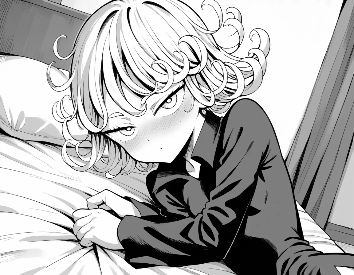 score_9, score_8_up, score_7_up, source_anime,
tatsumaki, <lora:opm-tatsumaki-manga-ponyxl-lora-nochekaiser:1>,
tatsumaki, short hair, curly hair, monochrome, greyscale,
long sleeves, dress,
indoors, bed, bed room, on side, blush, drunk,
looking at viewer, cowboy shot, solo, dutch angle,