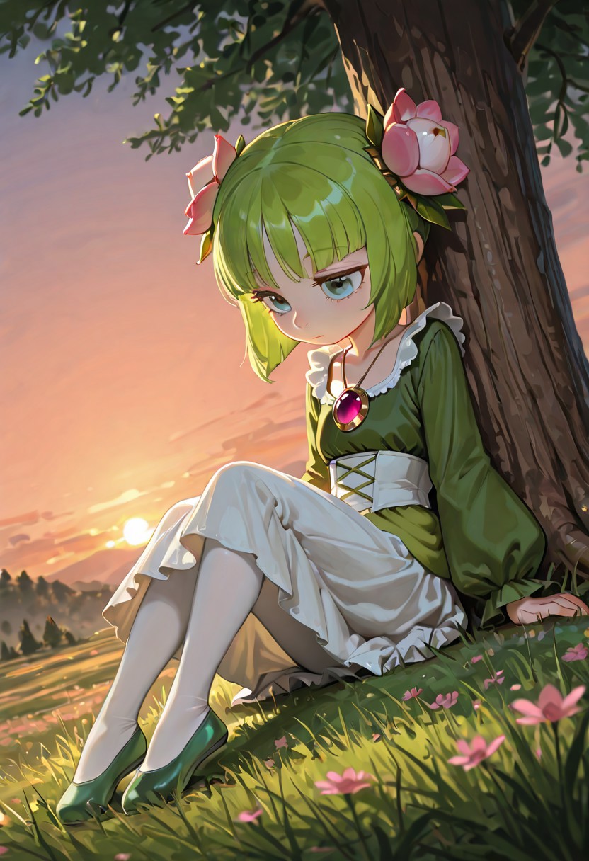 masterpiece, best quality, amazing quality, very aesthetic, absurdres, high detail, newest, dynamic pose, dynamic angle, (((cosmo the seedrian))), plant girl, pale peach skin, powder blue eyes, short hair, bright green hair, bangs, pink flower buds, gold hair ties on the sides of her head, green long-sleeved blouse with golden trims, ankle-length white skirt with bright green tips, pink Amulet on her chest, white tights, green ballerina flats.  outside, grassfield, sitting, on hill, sunset, under tree, shade, head down, looking away, portrait, beautiful eyes, high detailed eyes, amazing eyes, best quality eyes, up close, head portrait,