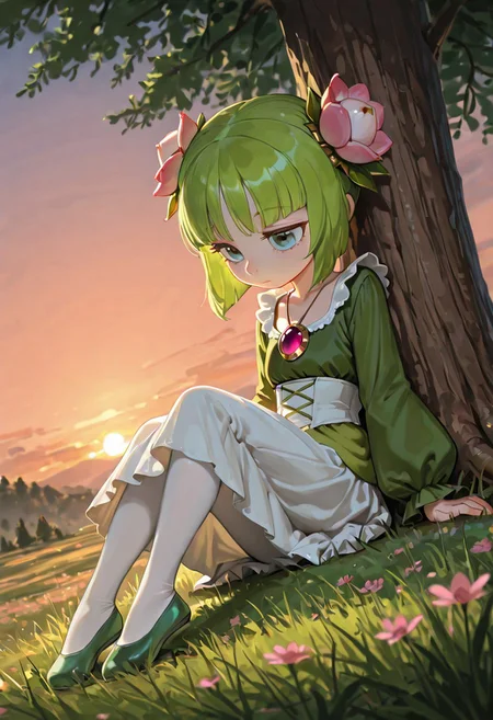 masterpiece, best quality, amazing quality, very aesthetic, absurdres, high detail, newest, dynamic pose, dynamic angle, (((cosmo the seedrian))), plant girl, pale peach skin, powder blue eyes, short hair, bright green hair, bangs, pink flower buds, gold hair ties on the sides of her head, green long-sleeved blouse with golden trims, ankle-length white skirt with bright green tips, pink Amulet on her chest, white tights, green ballerina flats.  outside, grassfield, sitting, on hill, sunset, under tree, shade, head down, looking away, portrait, beautiful eyes, high detailed eyes, amazing eyes, best quality eyes, up close, head portrait,