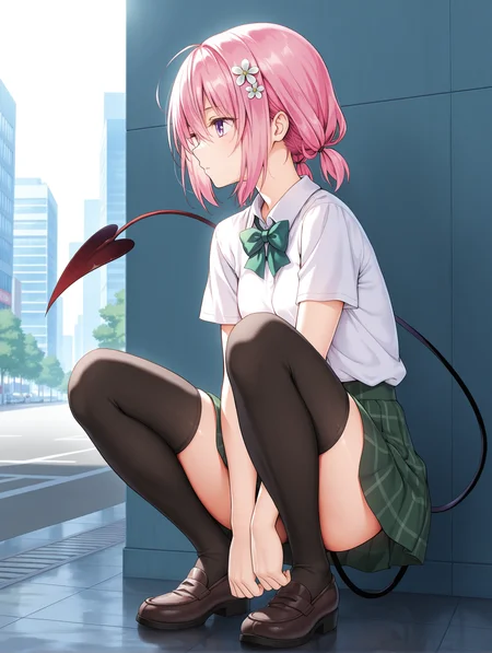 masterpiece,best quality,newest,
1girl,solo,
<lora:momo_ilxl_v2.4:1>,momo,pink hair,purple eyes,short hair,low twintails,white flower hair ornament,demon tail,
m_clothes,green bowtie,
short sleeve blouse,demon tail,<lora:Fixhands_anime_bdsqlsz_V1:1>,city,expressionless,looking_away,voyeur,profile,from_back,