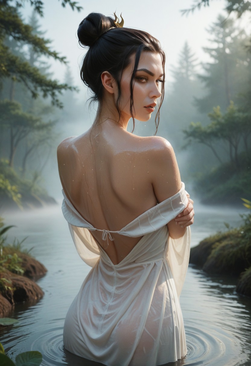 score_9, score_8_up, score_7_up,1girl, upper body, from back, azula, hair bun, looking at viewer, self hugging, wet white dress,  parted lips, in the water, small water source, in the middle of the forest, fog, morning,