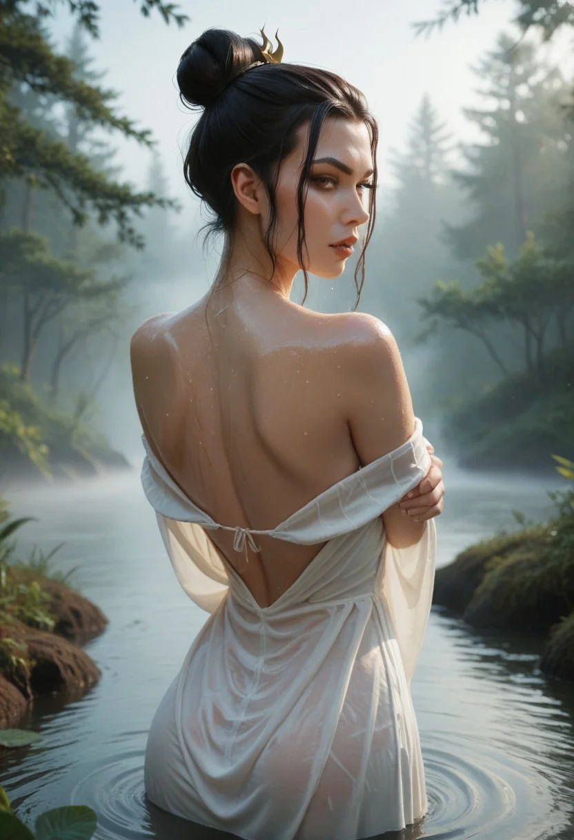 score_9, score_8_up, score_7_up,1girl, upper body, from back, azula, hair bun, looking at viewer, self hugging, wet white dress, parted lips, in the water, small water source, in the middle of the forest, fog, morning,