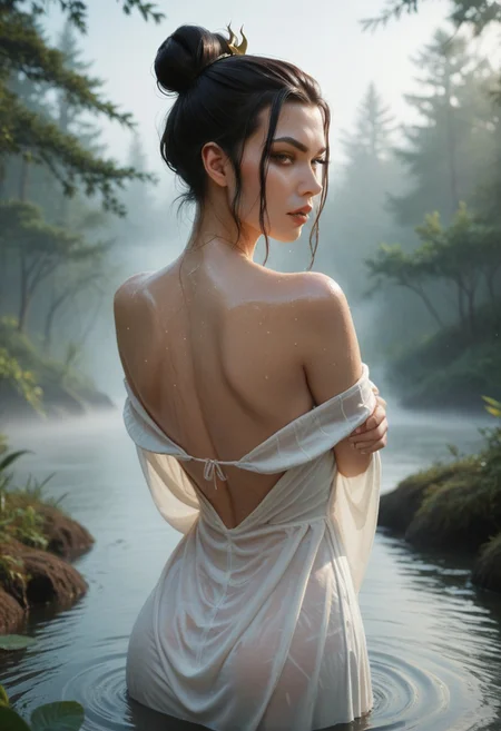 score_9, score_8_up, score_7_up,1girl, upper body, from back, azula, hair bun, looking at viewer, self hugging, wet white dress,  parted lips, in the water, small water source, in the middle of the forest, fog, morning,