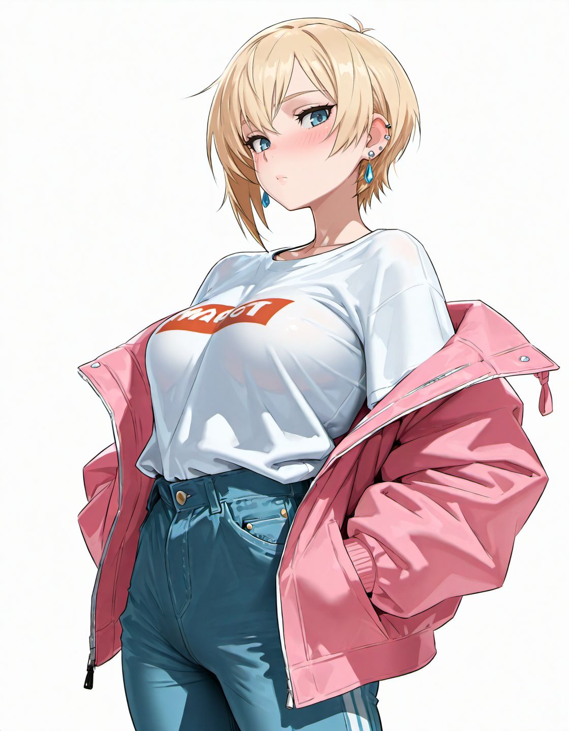 masterpiece, best quality, amazing quality, very aesthetic, high resolution, <lora:mikoyan_style_v2_illustrious_epoch_7:0.9>,
mikoyanstyle, 1girl, breasts, solo, blonde hair, jacket, medium breasts, white background, simple background, looking at viewer, earrings, pants, blue eyes, short hair, jewelry, pink jacket, closed mouth, baggy t-shirt, blush,red jacket,