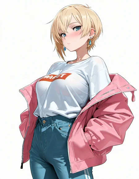 masterpiece, best quality, amazing quality, very aesthetic, high resolution, <lora:mikoyan_style_v2_illustrious_epoch_7:0.9>,
mikoyanstyle, 1girl, breasts, solo, blonde hair, jacket, medium breasts, white background, simple background, looking at viewer, earrings, pants, blue eyes, short hair, jewelry, pink jacket, closed mouth, baggy t-shirt, blush,red jacket,