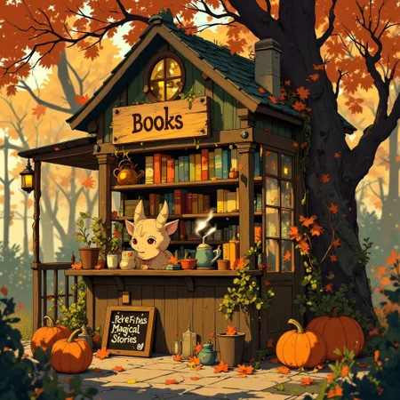 A charming and cozy digital illustration in a kawaii and fantasy-inspired style, featuring a small wooden bookshop stall surrounded by autumn leaves and pumpkins. The stall has a whimsical and rustic design, with a wooden sign displaying 'Books' in a hand-drawn font. A cute, mythical creature with fluffy ears and small wings serves customers, holding a steaming cup of tea. The shelves are filled with colorful books, some stacked neatly and others slightly askew, adding to the cozy atmosphere. Soft, warm lighting glows from inside the stall, enhancing the inviting feel. A chalkboard sign on the counter advertises 'Rare Finds' and 'Magical Stories.' The overall color palette includes warm browns, soft oranges, and pastel yellows, creating an autumnal and storybook-like ambiance. The style is detailed yet soft, with rounded lines and textures reminiscent of a fairy tale illustration. Anime art