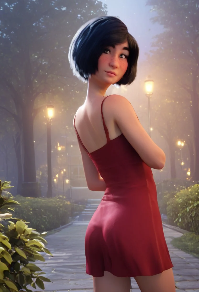 mariolina_red_rtzbb, 1girl, tanned skin, short black hair, thick eyebrows, dark green eyes, freckles, sleeveless red dress, black ballerinas, score_9_up, score_8_up, score_7_up, BREAK, 1girl, solo, from behind, looking back, head tilt, looking at viewer, ultra detailed, detailed background, park, night, masterpiece, best quality, 8k, Expressiveh, realistic, 3d, portrait, cowboy shot, flat chest, handfixer