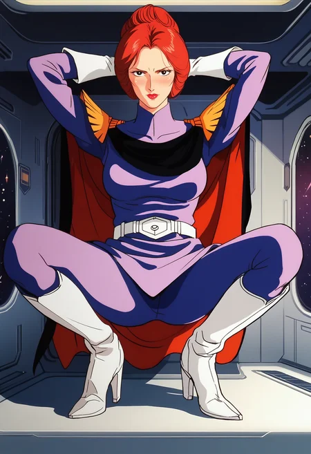 score_9, score_8_up, score_7_up, score_6_up, anime screencap, anime coloring, <lora:FGKycilia:0.9>, FGKycilia, 1girl, solo, red hair, hair bun, no ears, black eyes, lipstick, breasts, 
military uniform, long sleeves, belt, cape, white gloves, pants, knee boots,
squatting, looking at viewer, blush, arms behind head, legs apart, 
BREAK spacecraft interior, window, space,