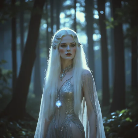 ArsMovieStill, 80s Fantasy Movie Still, The image shows a mysterious woman in a flowing silver dress standing at the edge of a forest lit by moonlight., 1girl, silver dress, long hair, forest, glowing trees, fantasy, moonlight, ethereal, necklace, serene expression