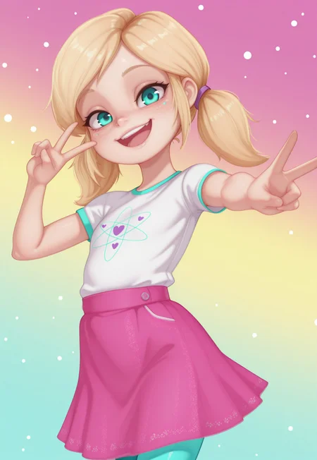 fc7ilf, chelsea_illus_casual, twintails, aqua eyes, blonde hair, white shirt, short sleeves, pink skirt, leggings, 1girl, solo, abstract background, looking at viewer, upper body, smile, v, dynamic pose, open mouth, dynamic angle, colorful background, detailed, masterpiece, absurdres, highres, newest,