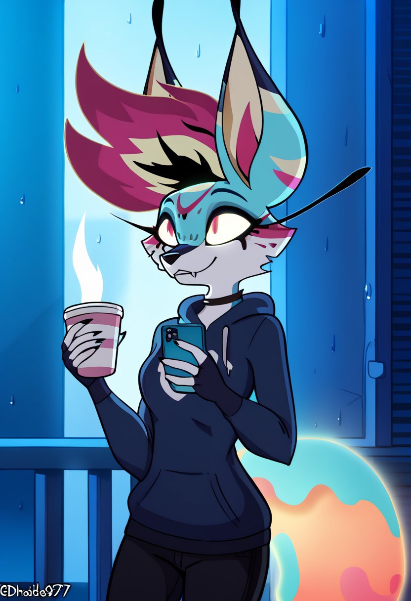 deadinsidestyle, LCD, solo, cowboy shot, cup in hand, phone in other hand, outside, looking at phone,