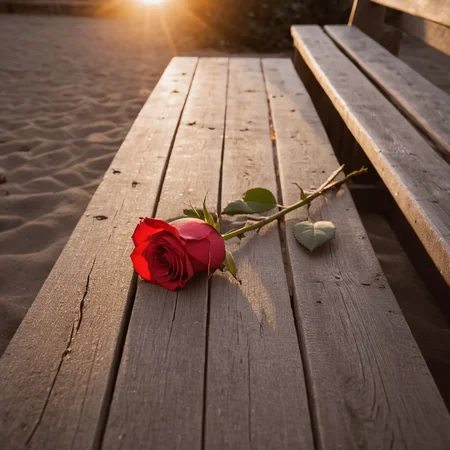 A photo of a single red rose lies gently on a weathered wooden bench, its velvety petals spread wide against the aged grain of the wood. The background is filled with the ethereal glow of a setting sun, (abstract narrative:1.1), Canon EOS 5D Mark IV, high emotional impact, experimental photography <lora:epiCPhotoXL:1>