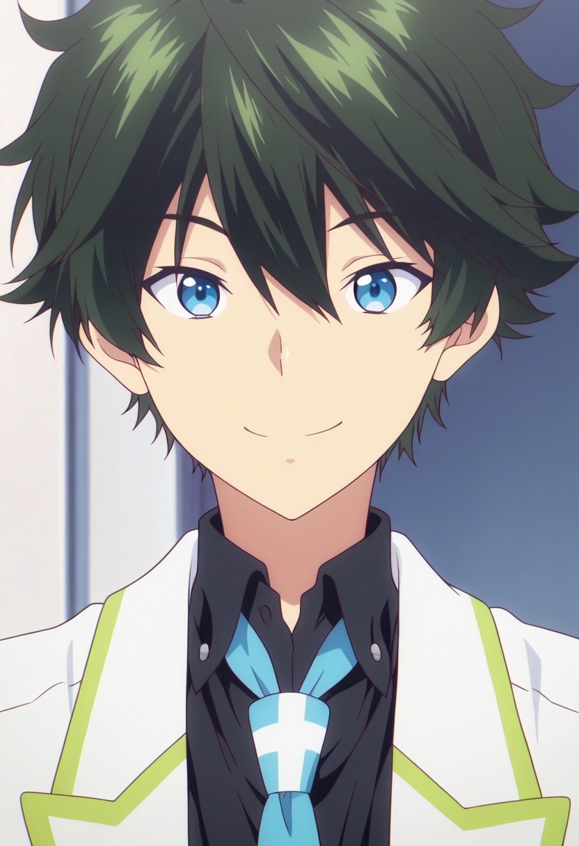 masterpiece,best quality,amazing quality, source_anime, 
HaruhikoIchijo, 1boy, male focus, solo, blue eyes, green hair, school uniform, shirt, black shirt, collared shirt, necktie, blue necktie, jacket, blazer, white jacket, open jacket, smile, portrait,