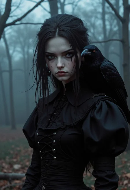 A 18 year old sad girl with dark circles under her eyes, a raven sits on her shoulder. Victorian fashion, fully unbuttoned black garment, pale perky tits visible, Girl standing near trees without leaves, dusk, fog
(epic dark fantasy style)
ne0nfant4sy