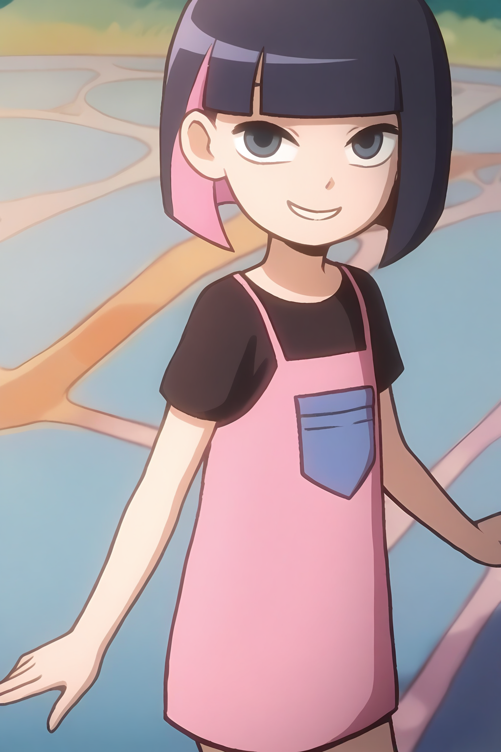 <lora:kele:1>,kele,1girl,solo,black eyes,blue eyes,short hair,two-tone hair,black hair,pink hair,colored inner hair,bob cut,blunt bangs,shirt,t-shirt,black shirt,pink shirt,short sleeves,smile,looking at viewer,, masterpiece,best quality,amazing quality,absurdres, anime screenshot, lazypos ,
