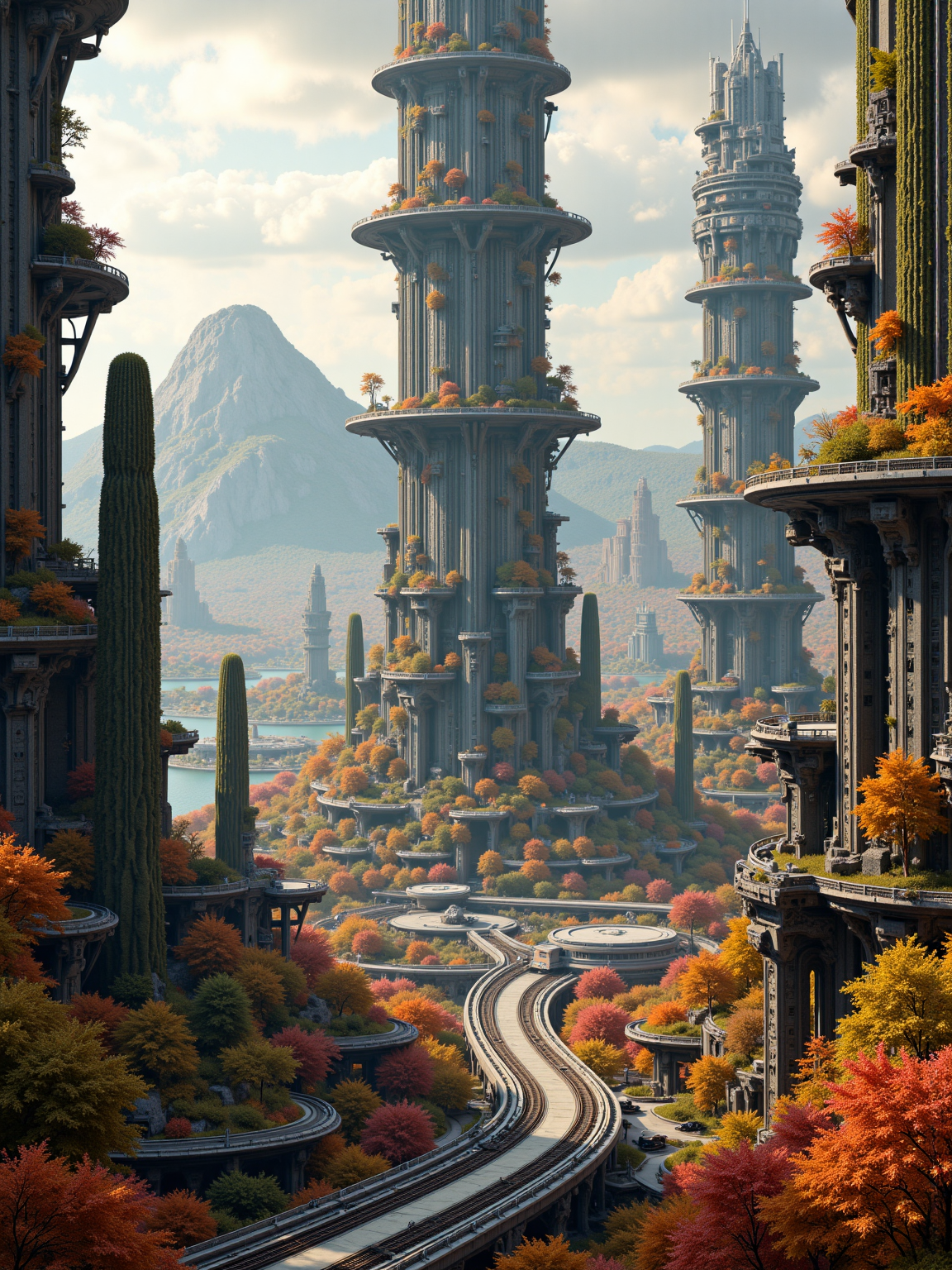 anm-frac of a high detail photo of a huge futuristic high-tech city on a foreign planet. in the center there is a gigantic cactus like structure that streches far into the sky and has glowing lights on various levels. It is a living building. The thorns are platroms. Also big gardens are edged into building. Public transport lines with trains on rails connect the city from every direction and cross the huge lake all around the city. There are huge montains in the background fractal patterns, detailed photo, Autumn Harvest: Pumpkin orange, golden yellow, and dark brown for a fall-inspired feel, cinematic candid amateur photo, cinematic film still  
 <lora:anm-frac-v1-000022:1>