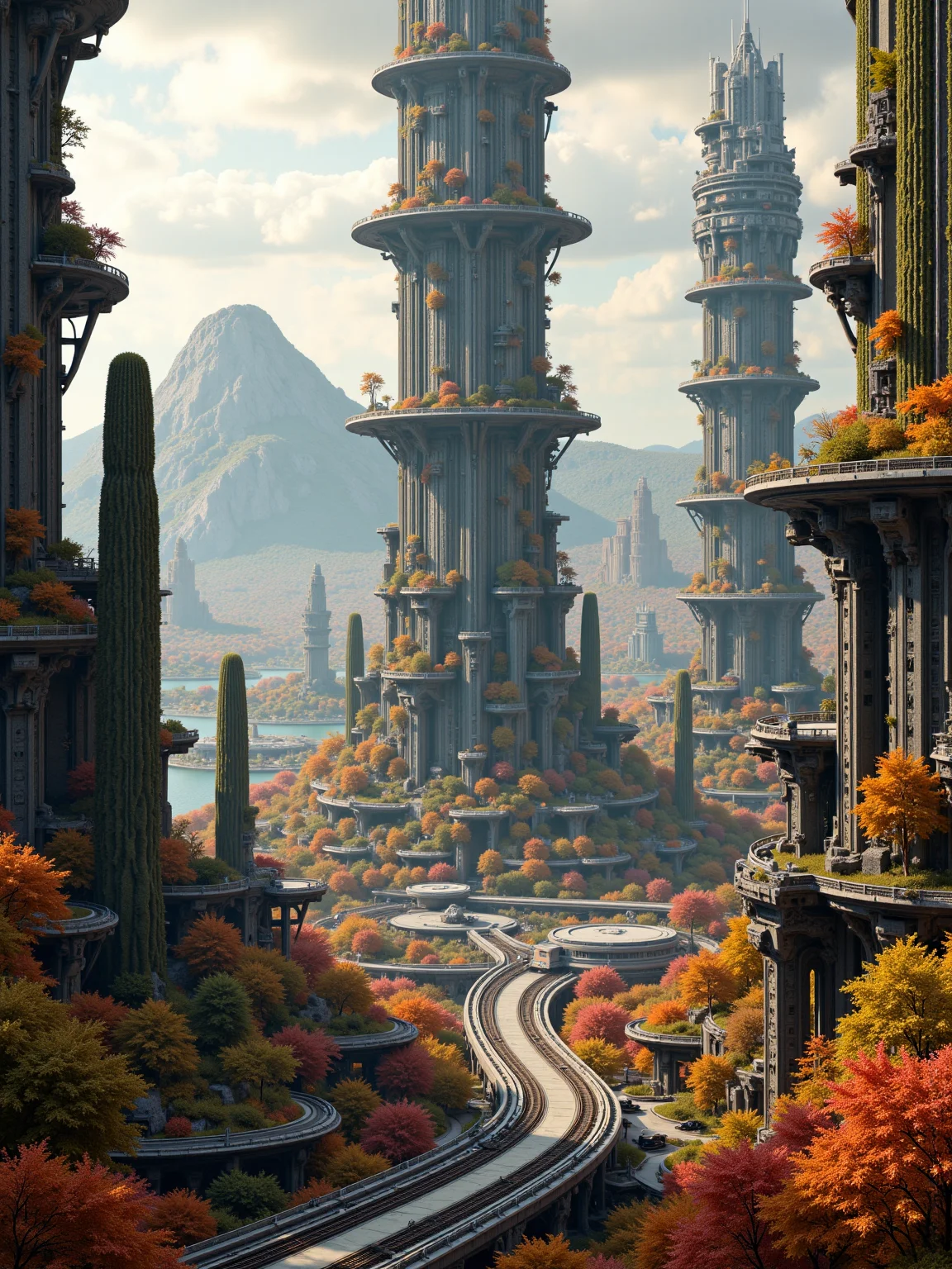 anm-frac of a high detail photo of a huge futuristic high-tech city on a foreign planet. in the center there is a gigantic cactus like structure that streches far into the sky and has glowing lights on various levels. It is a living building. The thorns are platroms. Also big gardens are edged into building. Public transport lines with trains on rails connect the city from every direction and cross the huge lake all around the city. There are huge montains in the background fractal patterns, detailed photo, Autumn Harvest: Pumpkin orange, golden yellow, and dark brown for a fall-inspired feel, cinematic candid amateur photo, cinematic film still
<lora:anm-frac-v1-000022:1>