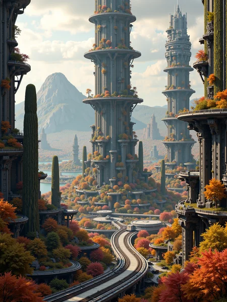 anm-frac of a high detail photo of a huge futuristic high-tech city on a foreign planet. in the center there is a gigantic cactus like structure that streches far into the sky and has glowing lights on various levels. It is a living building. The thorns are platroms. Also big gardens are edged into building. Public transport lines with trains on rails connect the city from every direction and cross the huge lake all around the city. There are huge montains in the background fractal patterns, detailed photo, Autumn Harvest: Pumpkin orange, golden yellow, and dark brown for a fall-inspired feel, cinematic candid amateur photo, cinematic film still
<lora:anm-frac-v1-000022:1>