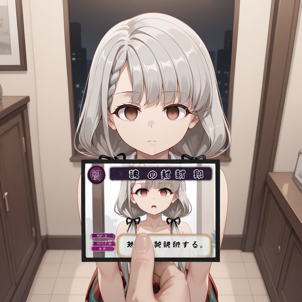 highres, masterpiece, best quality, very aesthetic, absurdres, (empty eyes), hypnosis, mind control, 1girl,  hisakawa nagi, cowboy shot, expressionless, incrd, trading card, card, holding card, pov, id photo, card game, mind control, empty eyes, character name, club, lounge, (shiki_(psychedelic_g2):0.8),