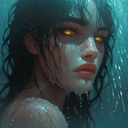 score_9, score_8_up, score_7_up, 1girl, portrait, perfect detailed face, expressive eyes, black hair, yellow eyes, wet, shower, looking at viewer, extremely detailed, absurdres, low light, dramatic lighting, darkness, portrait