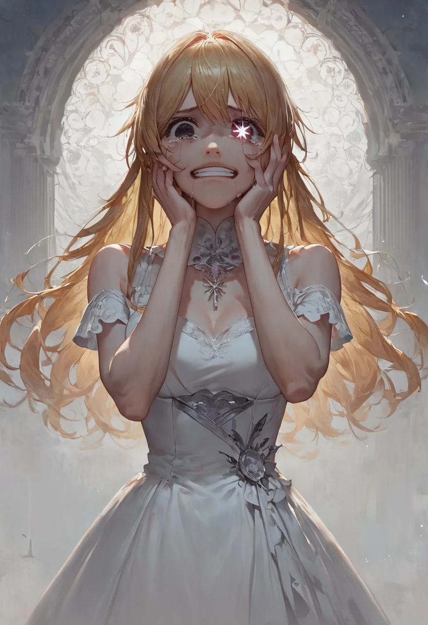 score_9, score_8_up, score_7_up, masterpiece, high resolution, concept art, cinematic lighting, hoshino ruby, blonde hair, long hair, white dress, black eyes, star-shaped pupils, traumatized, corrupted, (tears), hand on face, laughing out, looking down, fragile background,